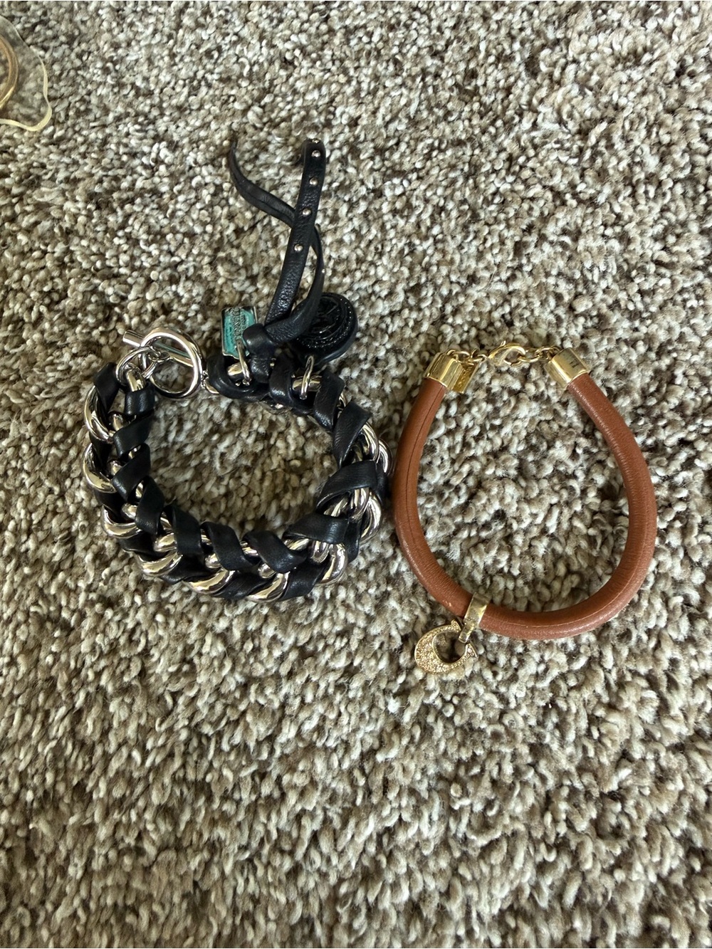 Coach Black Leather and Brown Leather Bracelet Set with Silver and Gold Accents